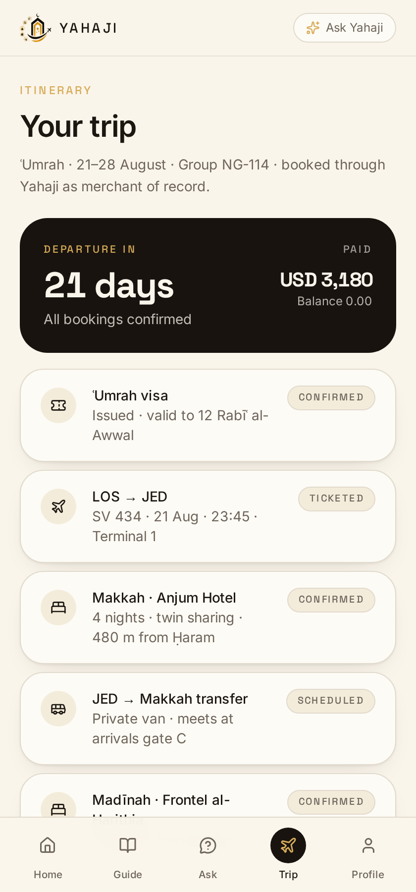 Trip screen with visa, flights, hotels and transfers