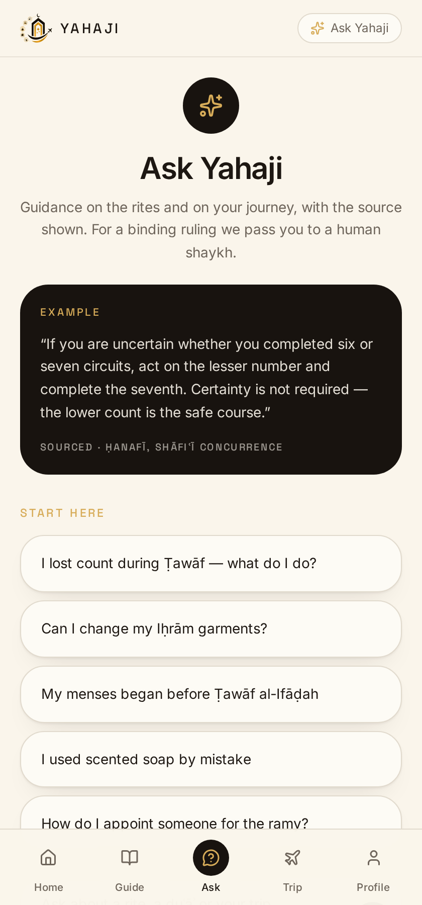 Yahaji app Ask screen answering a pilgrim question with sources
